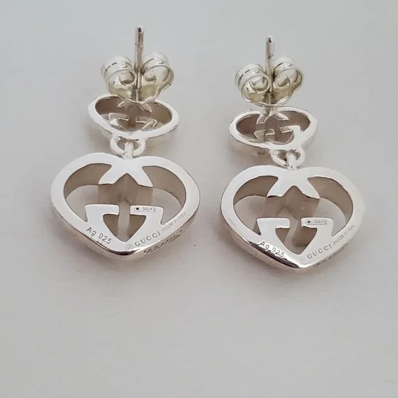 GUCCI Sterling Silver Love Britt Double G Heart Drop Earrings